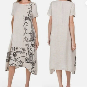 Caterina Ricci linen Modern Graphic Art Print Asymmetrical Dress Artistic Beige